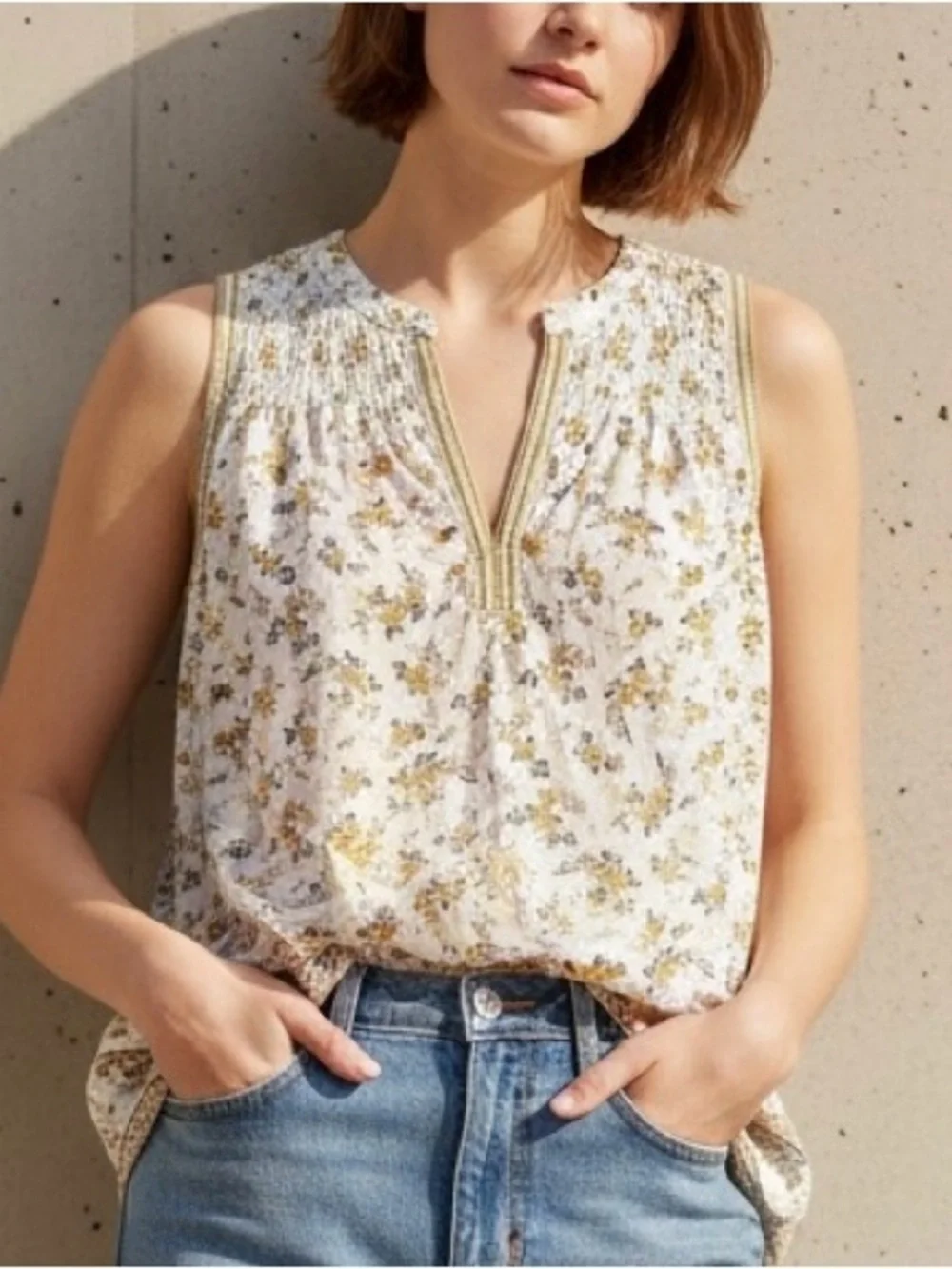 Lucky Brand Floral Sleeveless Split Neck Boho Blouse Top - Picture 1 of 6